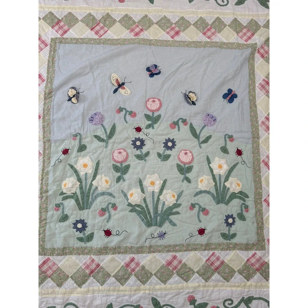 Vintage Handmade Quilt Cottagecore Floral Ladybug Butterfly Quilt 79x79